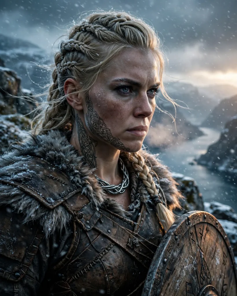 Norse Warrior Portrait Prompt: Shieldmaiden in Falling Snow — AI generated preview