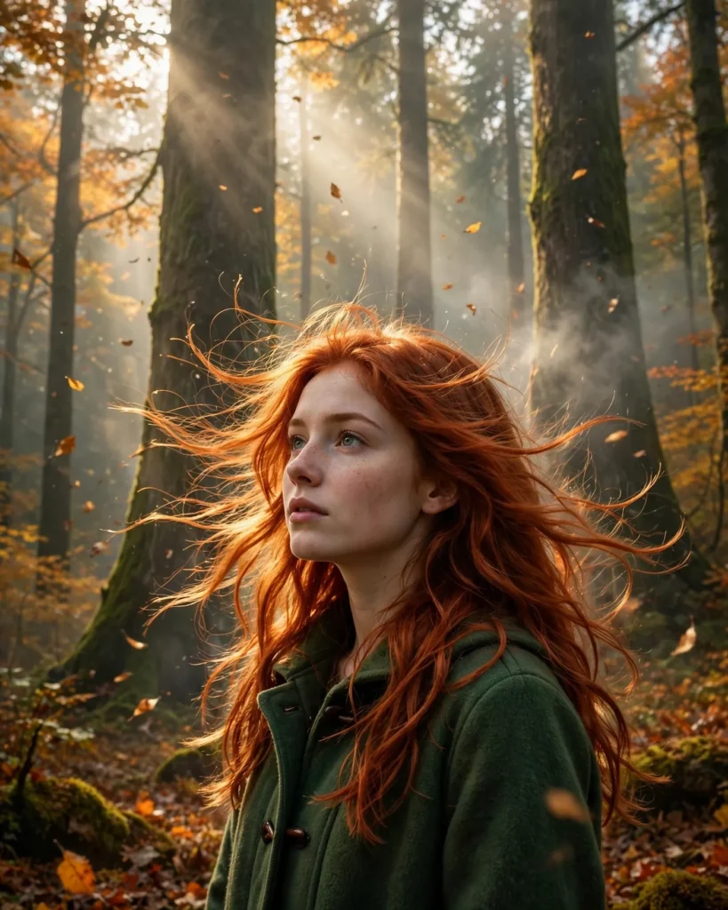 Autumn Forest Portrait Prompt: Redhead in Morning Fog — AI generated preview
