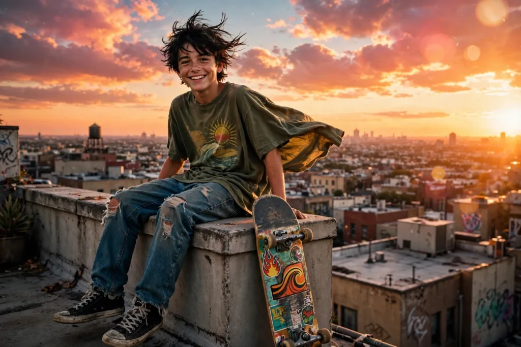 Rooftop Skater Portrait Prompt: Sunset Urban Energy — AI generated preview