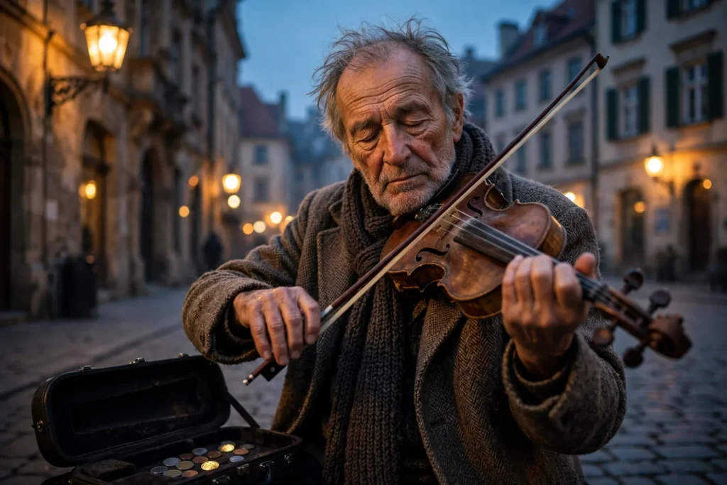 Street Violinist Portrait Prompt: Elderly Musician in Old Town — AI generated preview