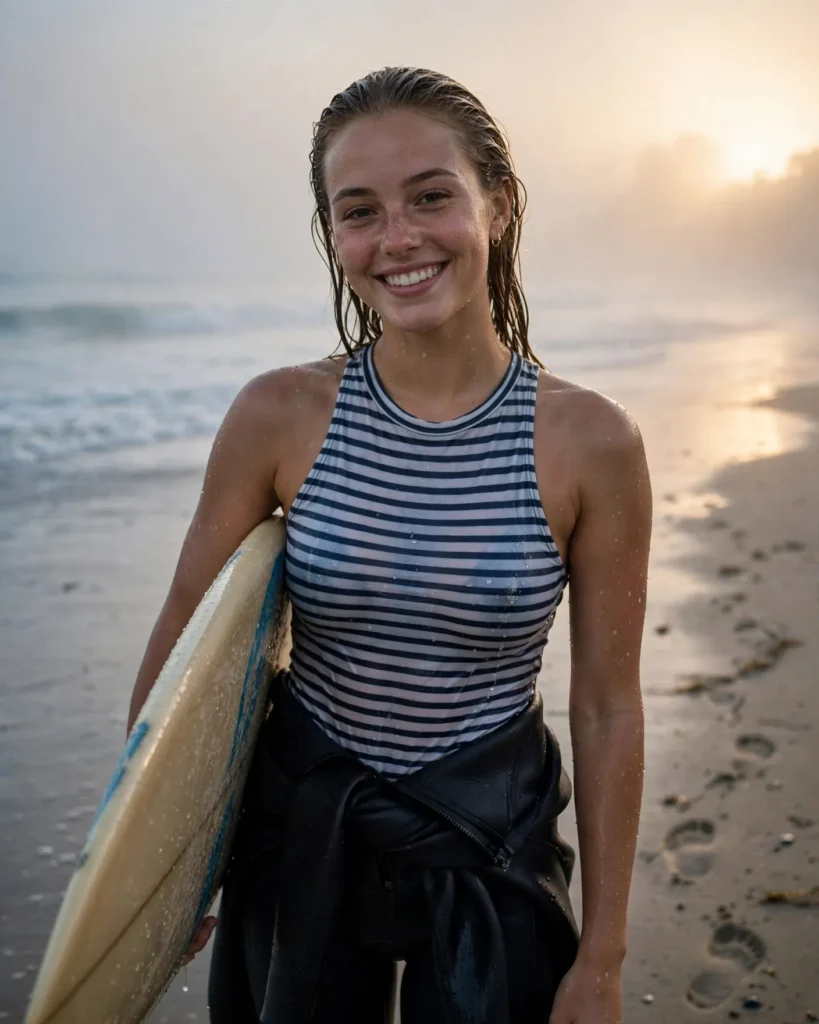 Surfer Portrait Prompt: Woman in Morning Ocean Mist — AI generated preview