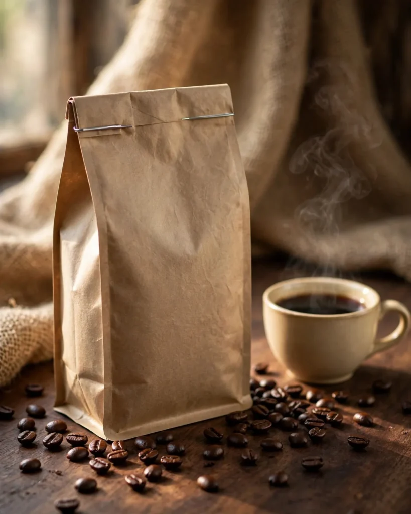 Coffee Bag Mockup Prompt: Kraft Packaging with Roasted Beans
