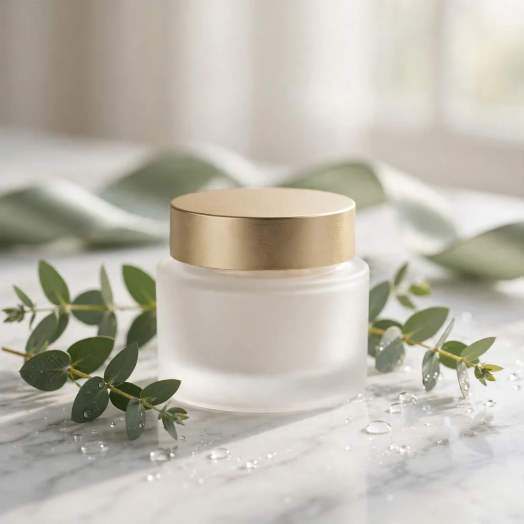 Cosmetic Cream Jar Mockup Prompt: Luxury Marble and Eucalyptus Scene — AI generated preview