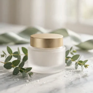 Cosmetic Cream Jar Mockup Prompt: Luxury Marble and Eucalyptus Scene — AI generated preview