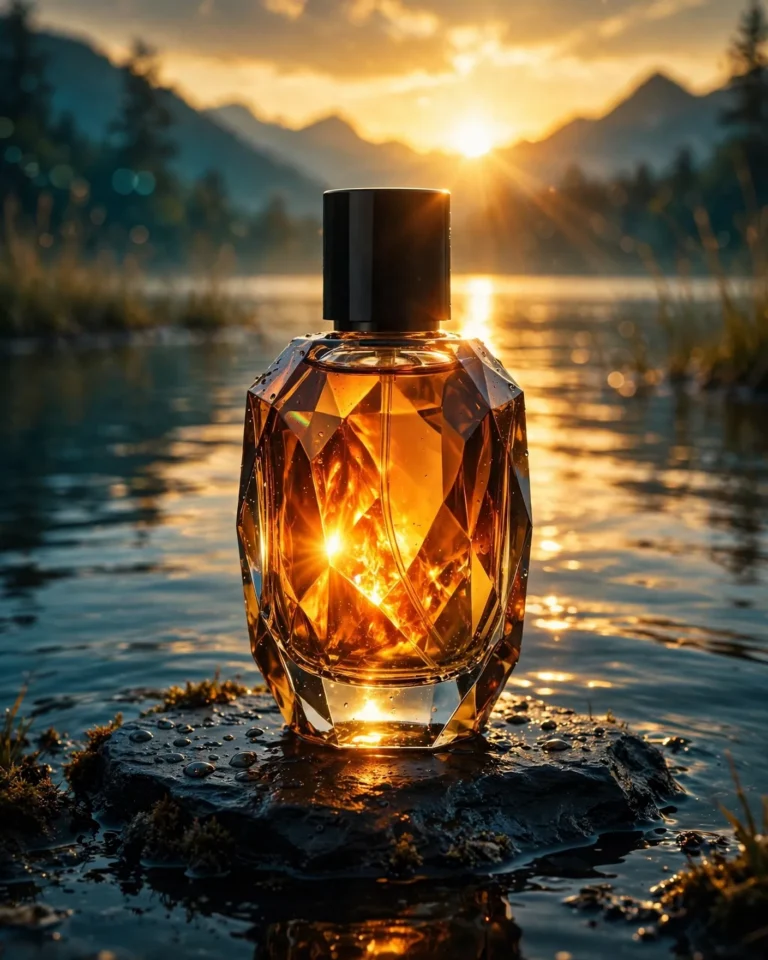 Perfume Bottle Mockup Prompt: Amber Glass at Golden Sunset