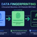 Infographic showing how a document becomes a 32-character MD5 hash fingerprint